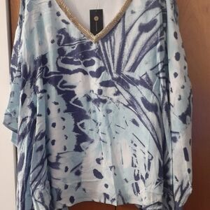 JM Collection Light Blue, Aqua & Navy/Purple Print V-Neck Top